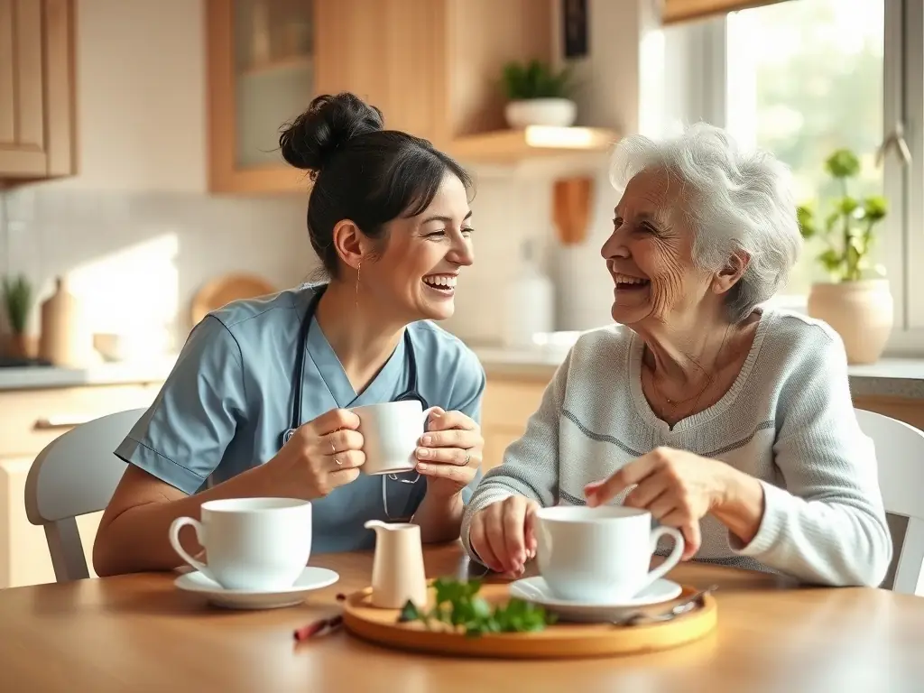 A caregiver and a senior woman laughing together over tea in a cozy kitchen.