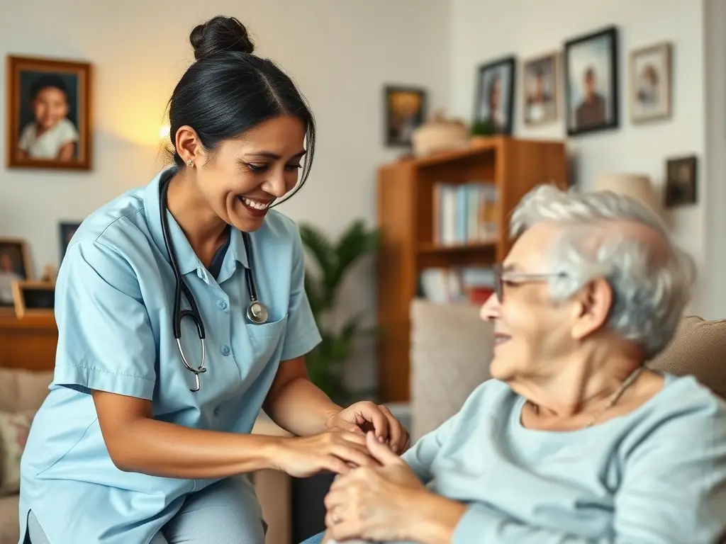 A caregiver assisting an elderly person in a cozy living room.