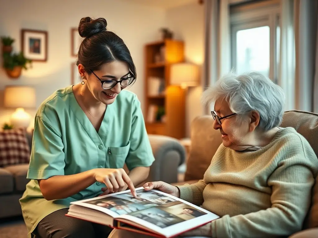 A caregiver engaging with a senior in a cozy living room.